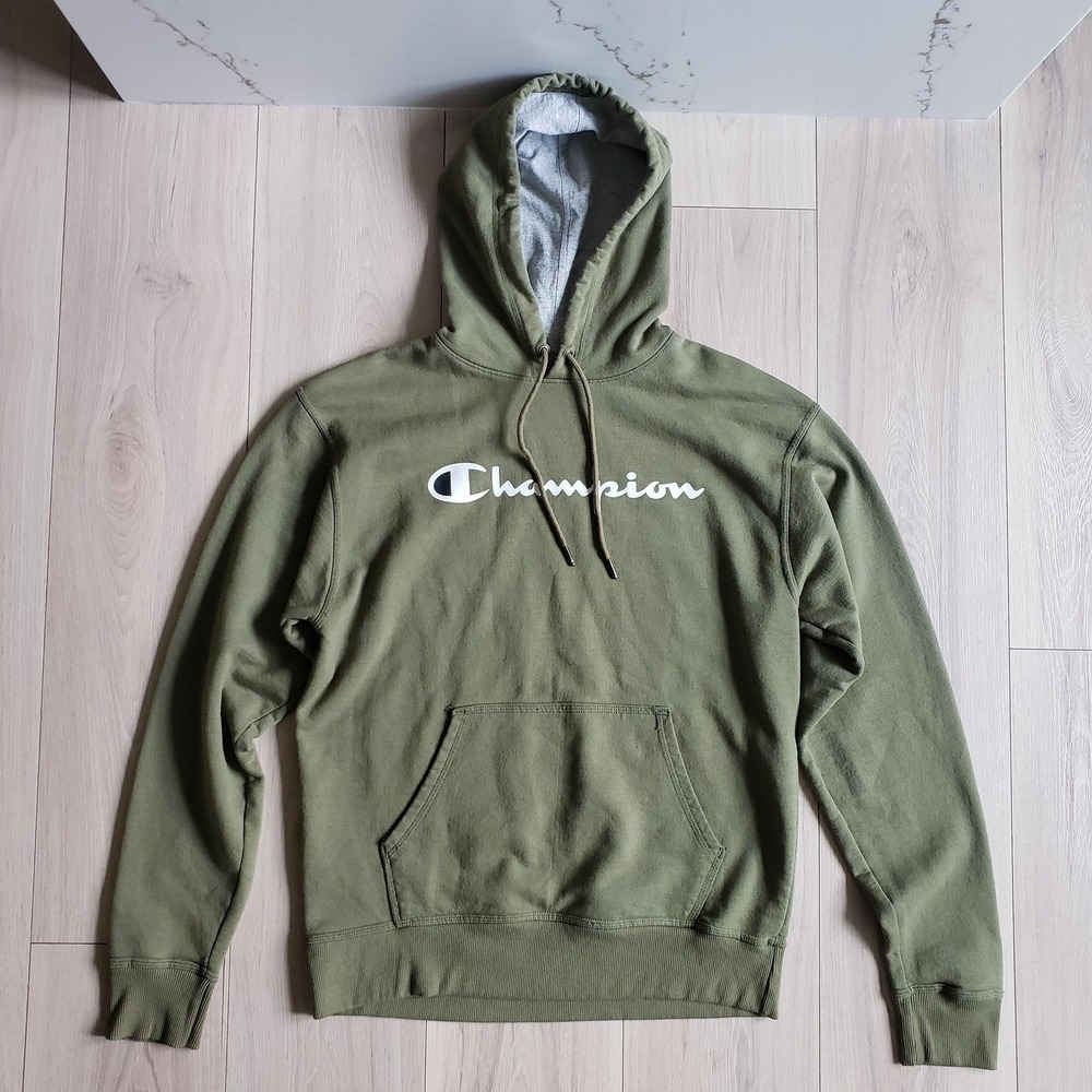 Champion Hoodie Men Medium Green Fleece Script Logo Graphic Pullover Sweatshirt
